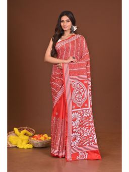 Ramshyam Collection - Womens Kantha Silk Blend Embroidered Red Saree with Unstitched Blouse
