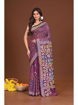 Ramshyam Collection - Womens Kantha Silk Blend Thread Work Purple Saree with Unstitched Blouse