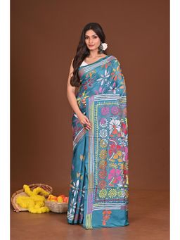 Ramshyam Collection - Womens Kantha Silk Blend Thread Work Blue Saree with Unstitched Blouse