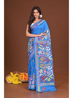 Ramshyam Collection - Womens Kantha Silk Blend Thread Work Blue Saree with Unstitched Blouse