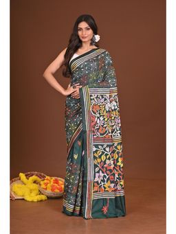 Ramshyam Collection - Womens Kantha Silk Blend Thread Work Green Saree with Unstitched Blouse