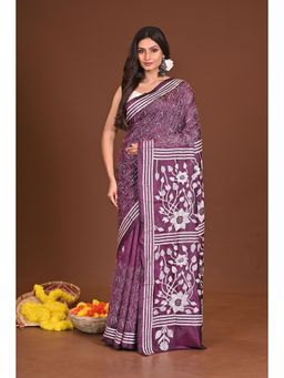 Ramshyam Collection - Womens Kantha Silk Blend Thread Work Purple Saree with Unstitched Blouse