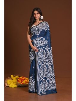 Ramshyam Collection - Womens Kantha Silk Blend Thread Work Teal Saree with Unstitched Blouse