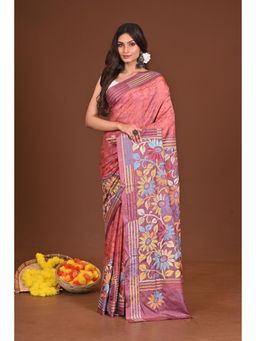 Ramshyam Collection - Womens Kantha Silk Blend Floral Thread Work Pink Saree with Unstitched Blouse