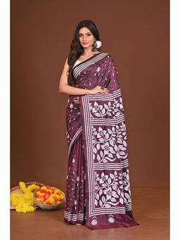 Ramshyam Collection - Womens Kantha Silk Blend Thread Work Purple Saree with Unstitched Blouse