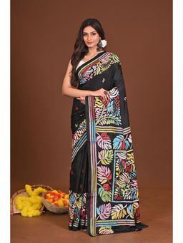 Ramshyam Collection - Womens Kantha Silk Blend Thread Work Black Saree with Unstitched Blouse