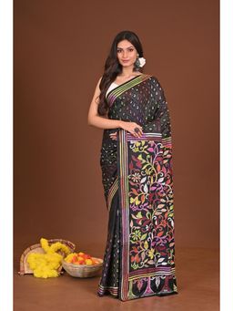 Ramshyam Collection - Womens Kantha Silk Blend Thread Work Black Saree with Unstitched Blouse