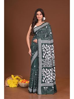 Ramshyam Collection - Womens Kantha Silk Blend Thread Work Green Saree with Unstitched Blouse