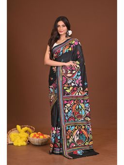 Ramshyam Collection - Womens Kantha Silk Blend Thread Work Black Saree with Unstitched Blouse