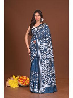 Ramshyam Collection - Womens Kantha Silk Blend Thread Work Blue Saree with Unstitched Blouse
