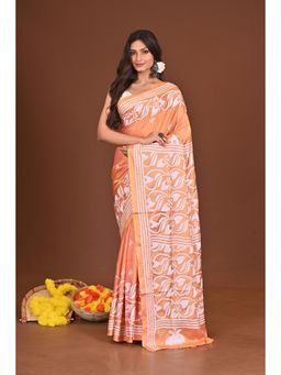 Ramshyam Collection - Womens Kantha Silk Blend Thread Work Orange Saree with Unstitched Blouse