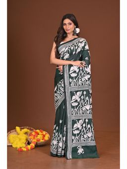 Ramshyam Collection - Womens Kantha Silk Blend Thread Work Green Saree with Unstitched Blouse