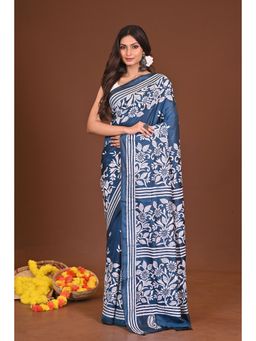 Ramshyam Collection - Womens Kantha Silk Blend Thread Work Blue Saree with Unstitched Blouse