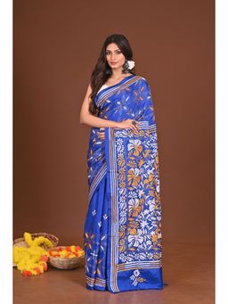 Ramshyam Collection - Womens Kantha Silk Blend Thread Work Blue Saree with Unstitched Blouse