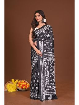 Ramshyam Collection - Womens Kantha Silk Blend Thread Work Black Saree with Unstitched Blouse
