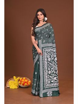 Ramshyam Collection - Womens Kantha Silk Blend Thread Work Green Saree with Unstitched Blouse