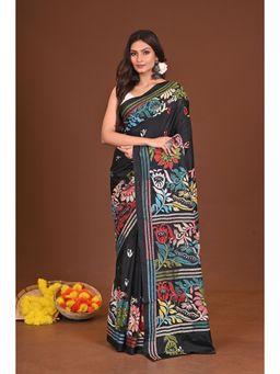 Ramshyam Collection - Womens Kantha Silk Blend Thread Work Black Saree with Unstitched Blouse