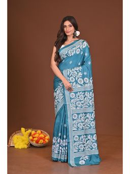 Ramshyam Collection - Womens Kantha Silk Blend Floral Thread Work Blue Saree with Unstitched Blouse