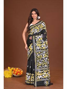 Ramshyam Collection - Womens Kantha Silk Blend Floral Thread Work Black Saree with Unstitched Blouse
