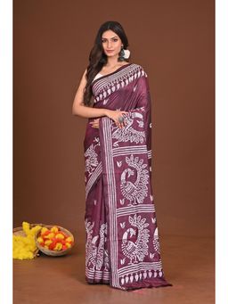 Ramshyam Collection - Womens Kantha Silk Blend Thread Work Wine Saree with Unstitched Blouse