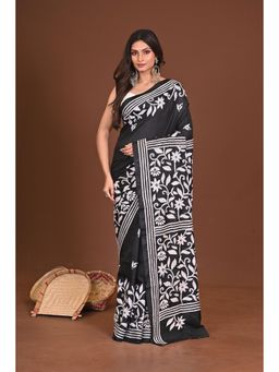 Ramshyam Collection - Womens Kantha Silk Blend Thread Work Black Saree with Unstitched Blouse