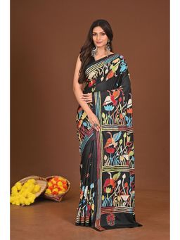 Ramshyam Collection - Womens Kantha Silk Blend Thread Work Black Saree with Unstitched Blouse