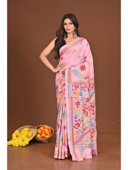Ramshyam Collection - Womens Kantha Silk Blend Thread Work Pink Saree with Unstitched Blouse