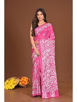 Ramshyam Collection - Womens Kantha Silk Blend Thread Work Pink Saree with Unstitched Blouse