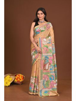 Ramshyam Collection - Womens Kantha Silk Blend Thread Work Beige Saree with Unstitched Blouse