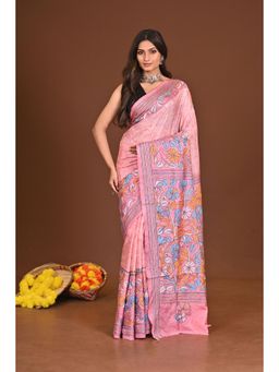 Ramshyam Collection - Womens Kantha Silk Blend Floral Thread Work Pink Saree with Unstitched Blouse
