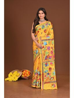 Ramshyam Collection - Womens Kantha Silk Blend Thread Work Yellow Saree with Unstitched Blouse