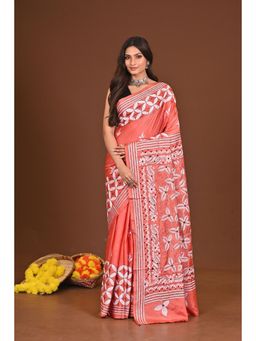 Ramshyam Collection - Womens Kantha Silk Blend Thread Work Pink Saree with Unstitched Blouse