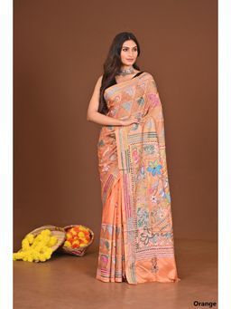 Ramshyam Collection - Womens Kantha Silk Blend Thread Work Orange Saree with Unstitched Blouse