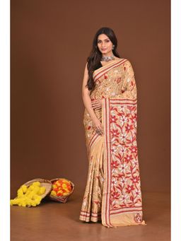 Ramshyam Collection - Womens Kantha Silk Blend Thread Work Beige Saree with Unstitched Blouse