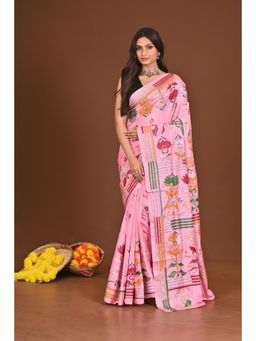 Ramshyam Collection - Womens Kantha Silk Blend Thread Work Pink Saree with Unstitched Blouse