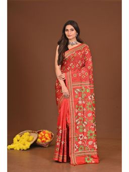 Ramshyam Collection - Womens Kantha Silk Blend Embroidered Red Saree with Unstitched Blouse