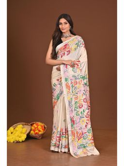 Ramshyam Collection - Womens Kantha Silk Blend Thread Work Beige Saree with Unstitched Blouse