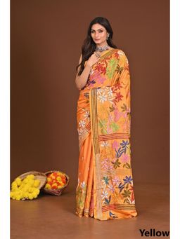 Ramshyam Collection - Womens Kantha Silk Blend Thread Work Orange Saree with Unstitched Blouse