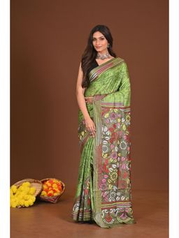 Ramshyam Collection - Womens Kantha Silk Blend Floral Thread Work Green Saree with Unstitched Blouse