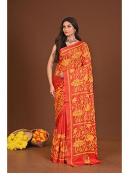 Ramshyam Collection - Womens Kantha Silk Blend Thread Work Orange Saree with Unstitched Blouse