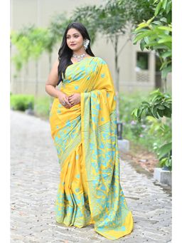 Ramshyam Collection - Womens Silk Blend Printed Yellow Saree with Unstitched Blouse