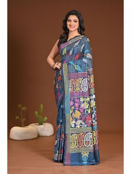 Ramshyam Collection - Womens Silk Blend Embroidered Thread Work Teal Saree with Unstitched Blouse