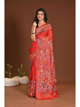Ramshyam Collection - Womens Silk Blend Embroidered Thread Work Red Saree with Unstitched Blouse
