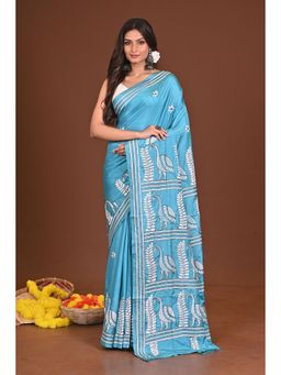 Ramshyam Collection - Womens Kantha Silk Blend Thread Work Blue Saree with Unstitched Blouse
