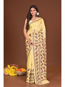 Ramshyam Collection - Womens Kantha Silk Blend Thread Work Yellow Saree with Unstitched Blouse