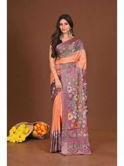 Ramshyam Collection - Womens Kantha Silk Blend Floral Thread Work Orange Saree with Unstitched Blouse