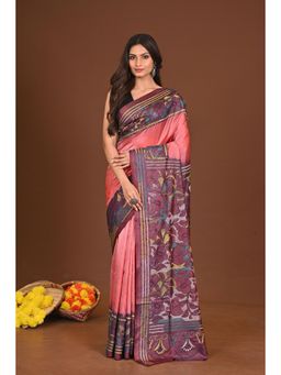 Ramshyam Collection - Womens Kantha Silk Blend Thread Work Pink Saree with Unstitched Blouse