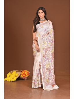 Ramshyam Collection - Womens Kantha Silk Blend Thread Work White Saree with Unstitched Blouse