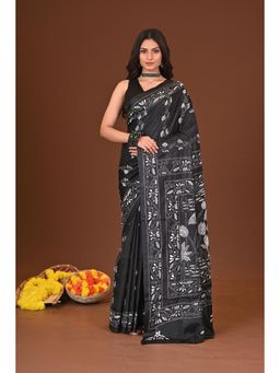 Ramshyam Collection - Womens Kantha Silk Blend Thread Work Black Saree with Unstitched Blouse