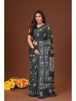 Ramshyam Collection - Womens Kantha Silk Blend Thread Work Black Saree with Unstitched Blouse